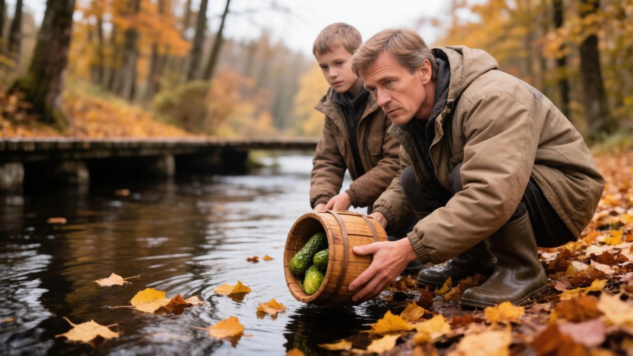 Отец с сыном опускают бочонок с огурцами в реку на Сергея Зимнего.
